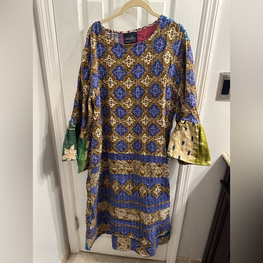 Kaantha Karma Reversible Patchwork Bell Sleeve Floral Kantha Dress